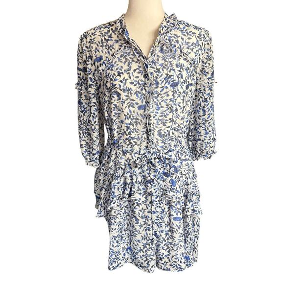 Saloni Tilly Ruffle Dress Blue Floral 100% Silk Sz 8 Whimsical Cottagecore - Picture 1 of 12